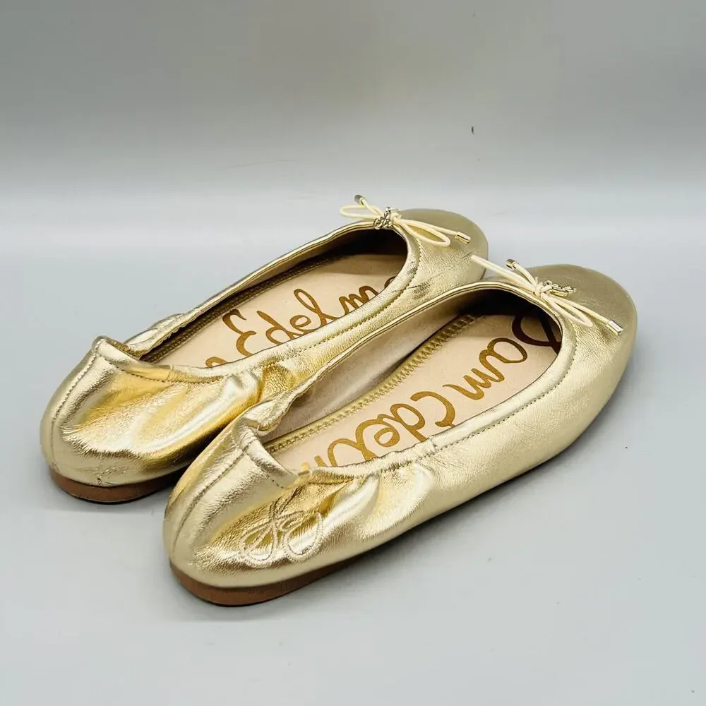 Sam Edelman Shoes Girls 4 Gold Metallic Ballet Flats Bow Slip On Dressy Casual